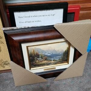 Thomas Kinkade Brown and Gold Framed Lakeside Cabin Art